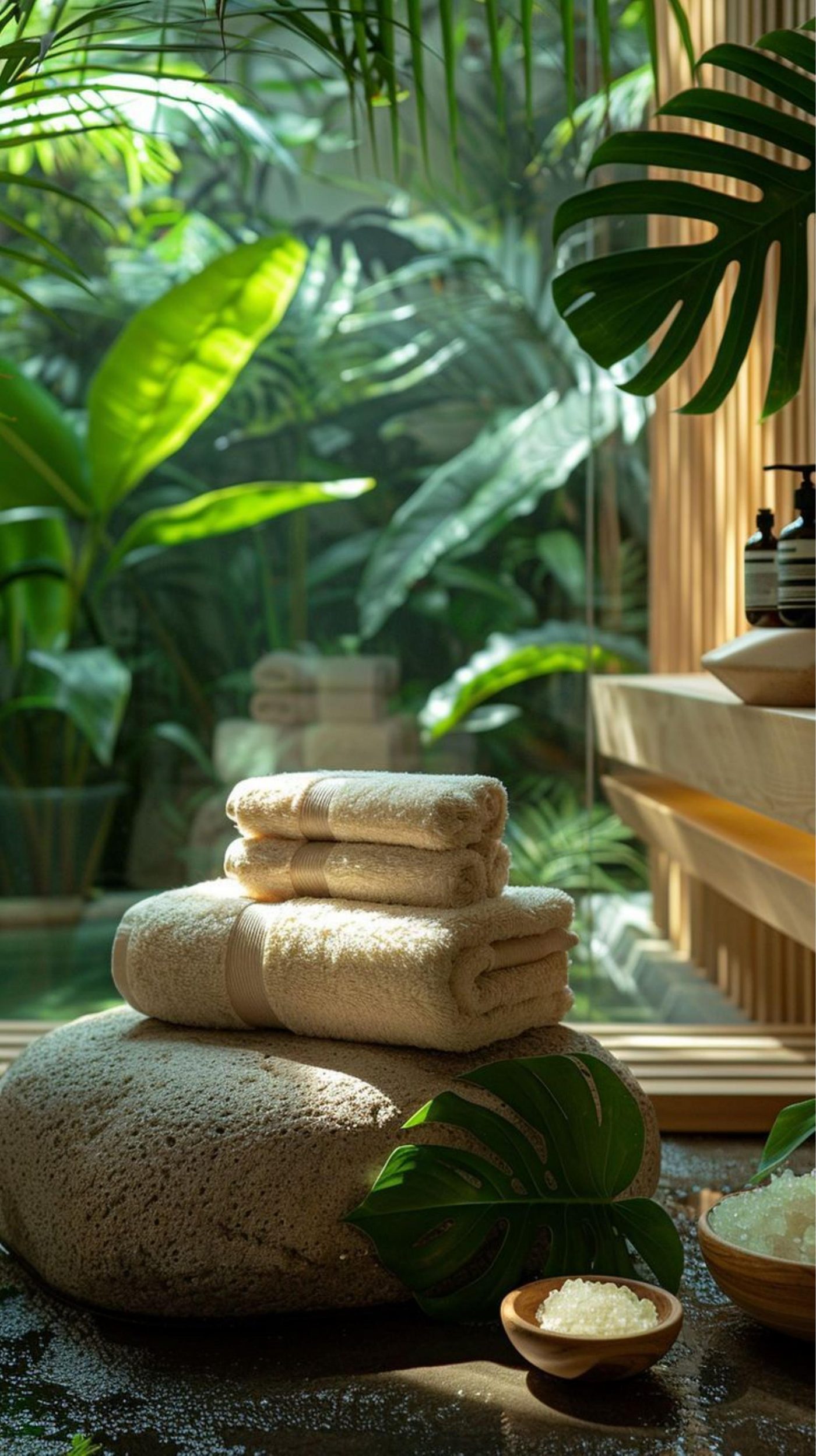 Wellness add-on essentials — towels, salts and stone at Hosea Wellness